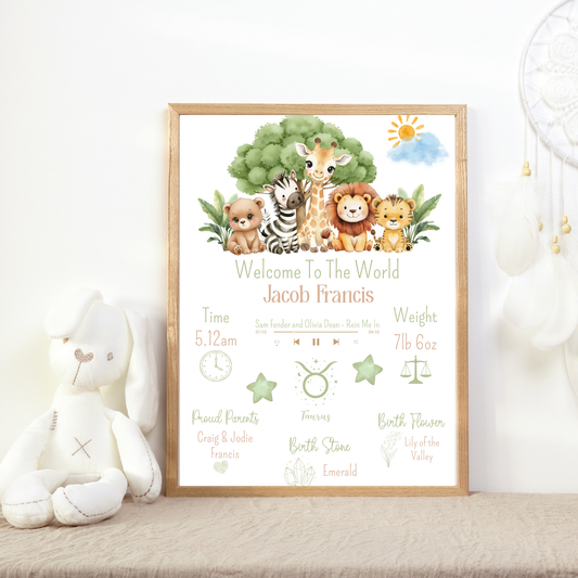 Framed baby announcement poster with cartoon animals on a white surface.