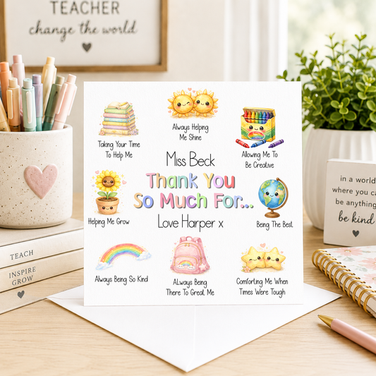 Personalized card for a teacher with colorful illustrations and text on a desk.