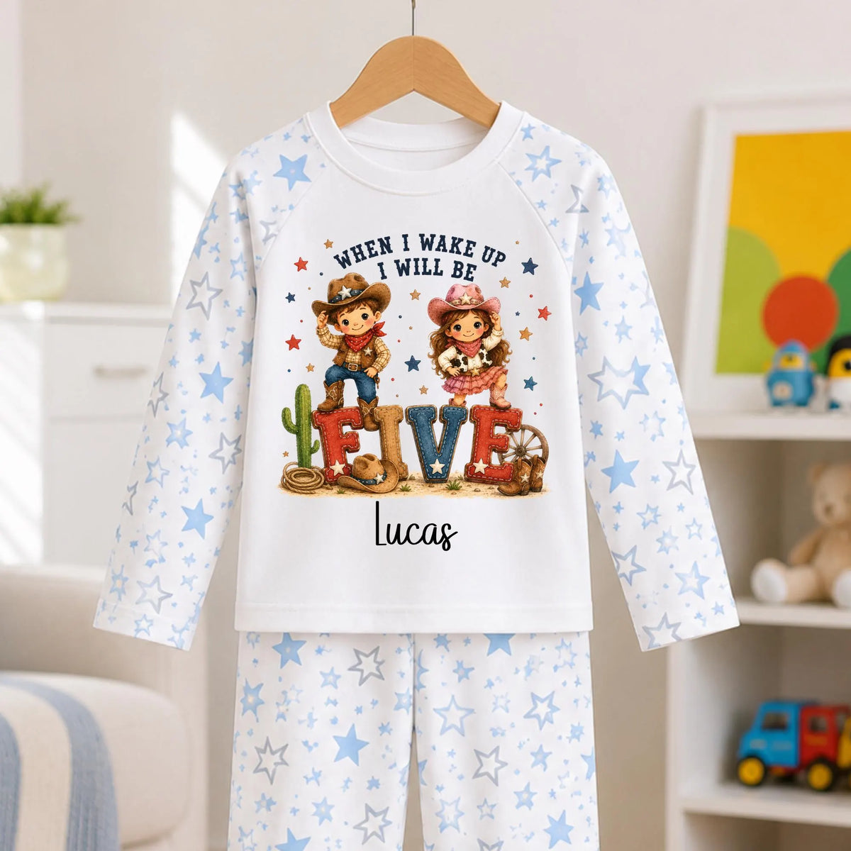 Personalised cowboy birthday set for kids with When I Wake Up I Will Be wording, custom age and name featuring cute western cowboy and cowgirl design.