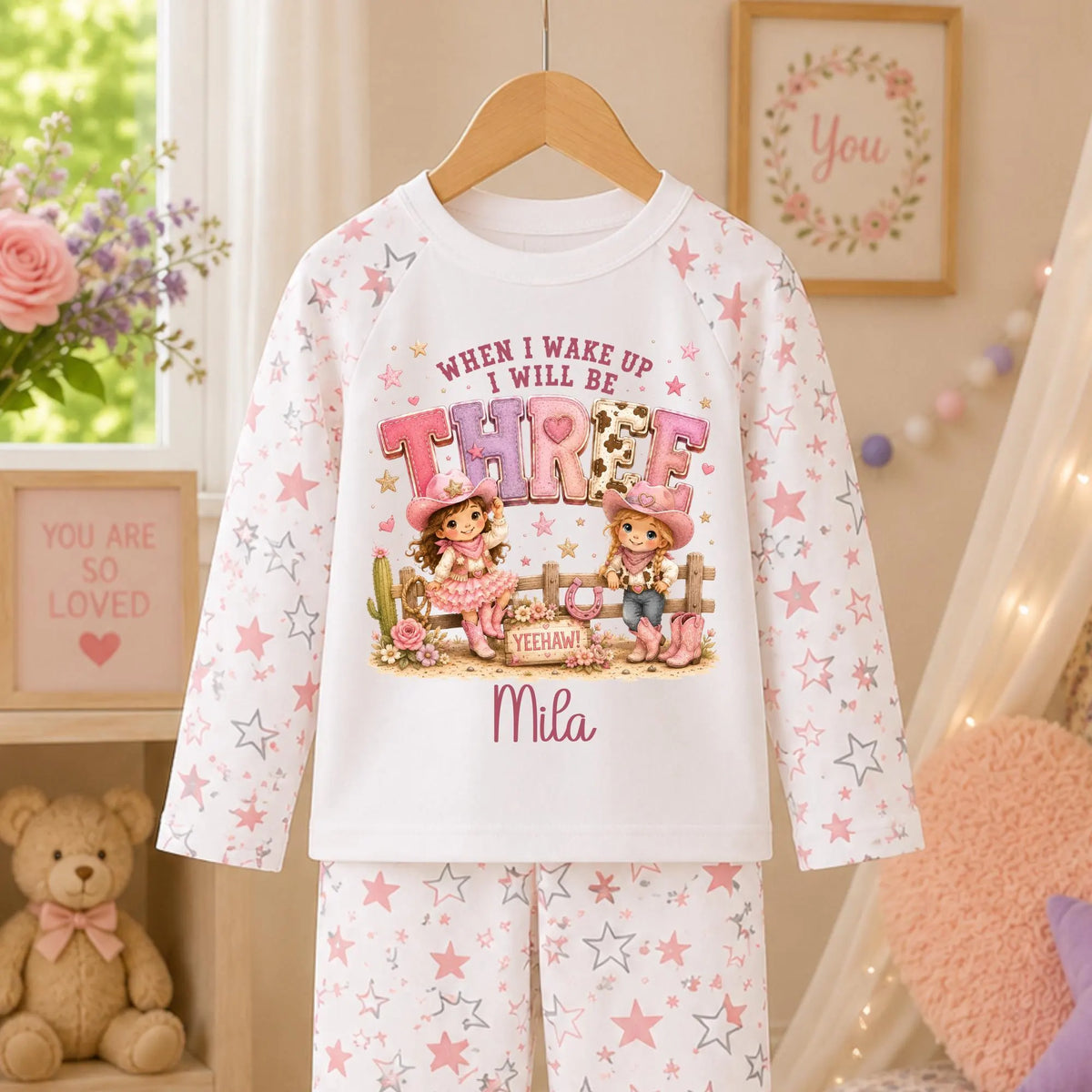 Personalised cowgirl birthday set for girls with When I Wake Up I Will Be wording, custom age and name featuring cute pink western cowgirls and cowboy theme.