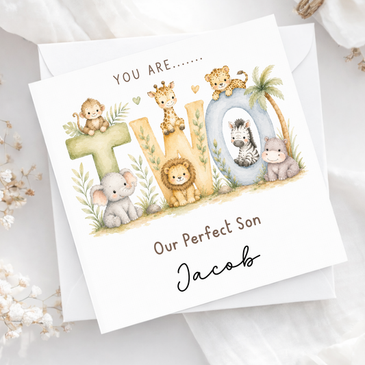 Personalised safari birthday card with cute watercolour jungle animals, custom age, name and relationship for children's birthdays.