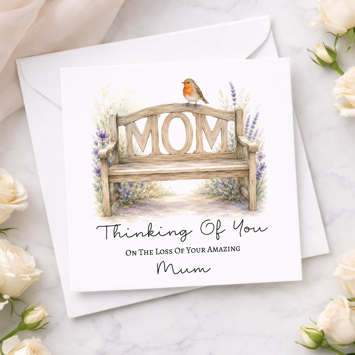 Personalised sympathy card with watercolour memorial bench, robin and flowers, Thinking of You bereavement design with custom relationship wording.