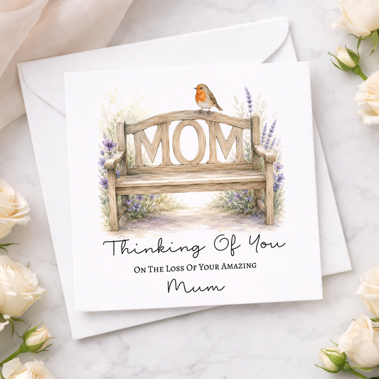 Personalised sympathy card with watercolour memorial bench, robin and flowers, Thinking of You bereavement design with custom relationship wording.
