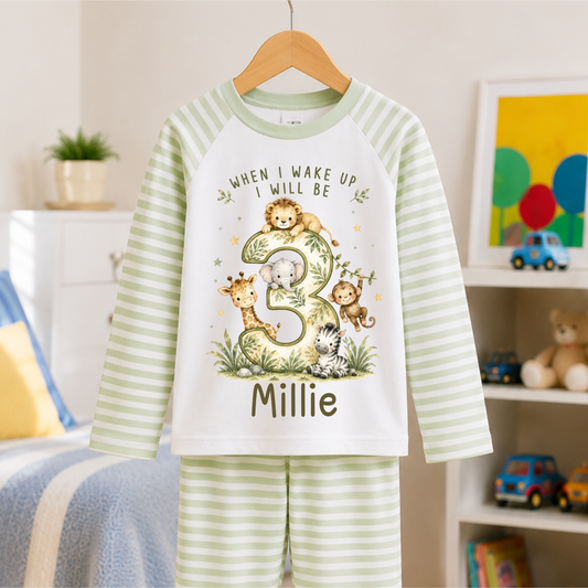 Personalised 3rd Birthday Set, Safari Animal Birthday Outfit, When I Wake Up I Will Be Three, Custom Name Any Age Toddler Set Little Wishes By Amba