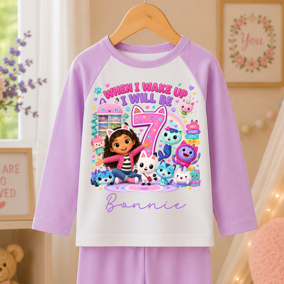 A children's two-piece pajama set hanging on a wooden hanger, featuring a white and light purple long-sleeve top with a colorful cartoon graphic and the name 'Bonnie' printed on the front, paired with matching light purple pants.