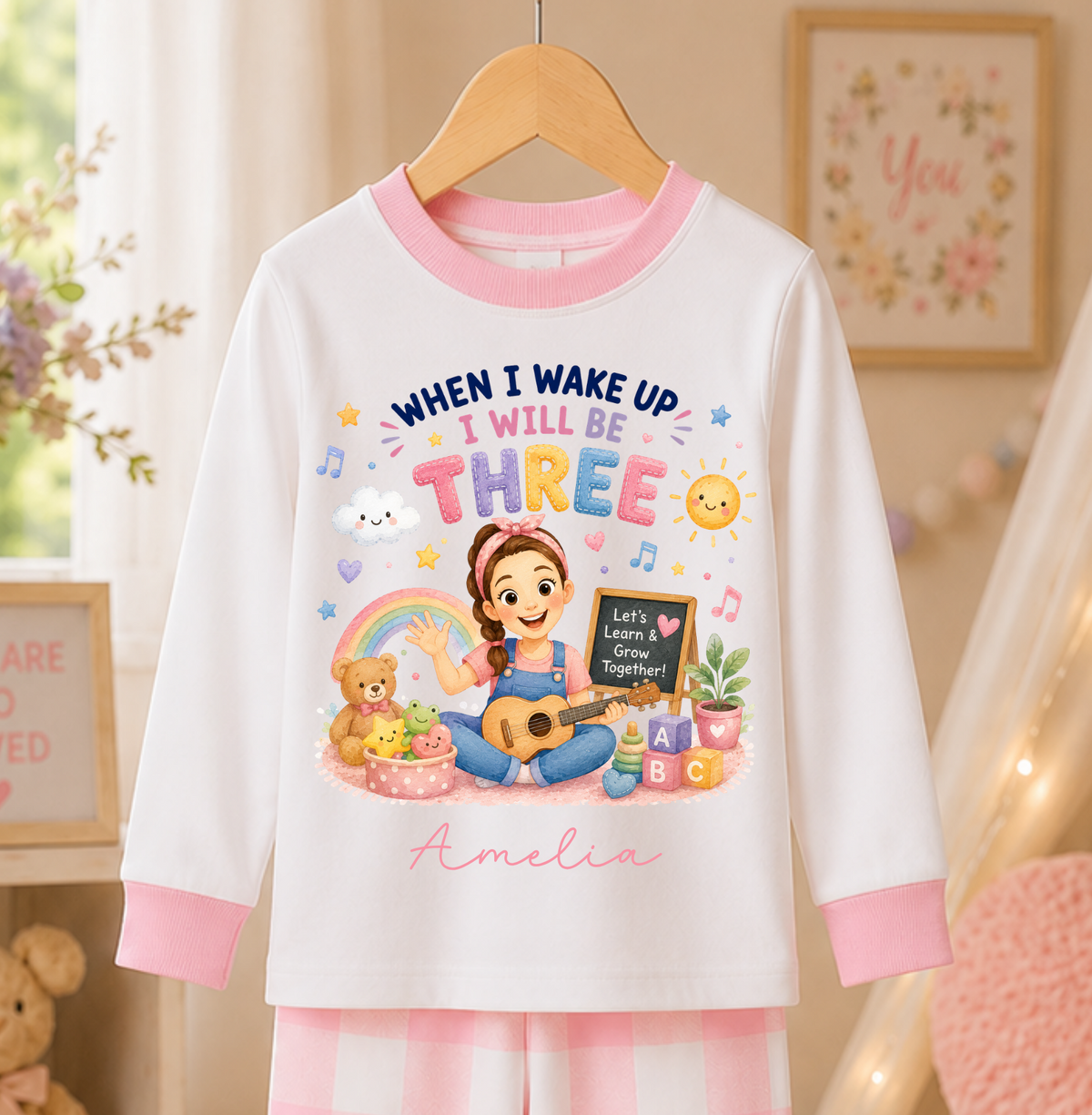 A children's two-piece pajama set hanging on a wooden hanger, featuring a white long-sleeve top with pink collar and cuffs, a colorful cartoon graphic of a girl playing guitar, and the name 'Amelia' in pink script. The matching pants are pink and white gingham.