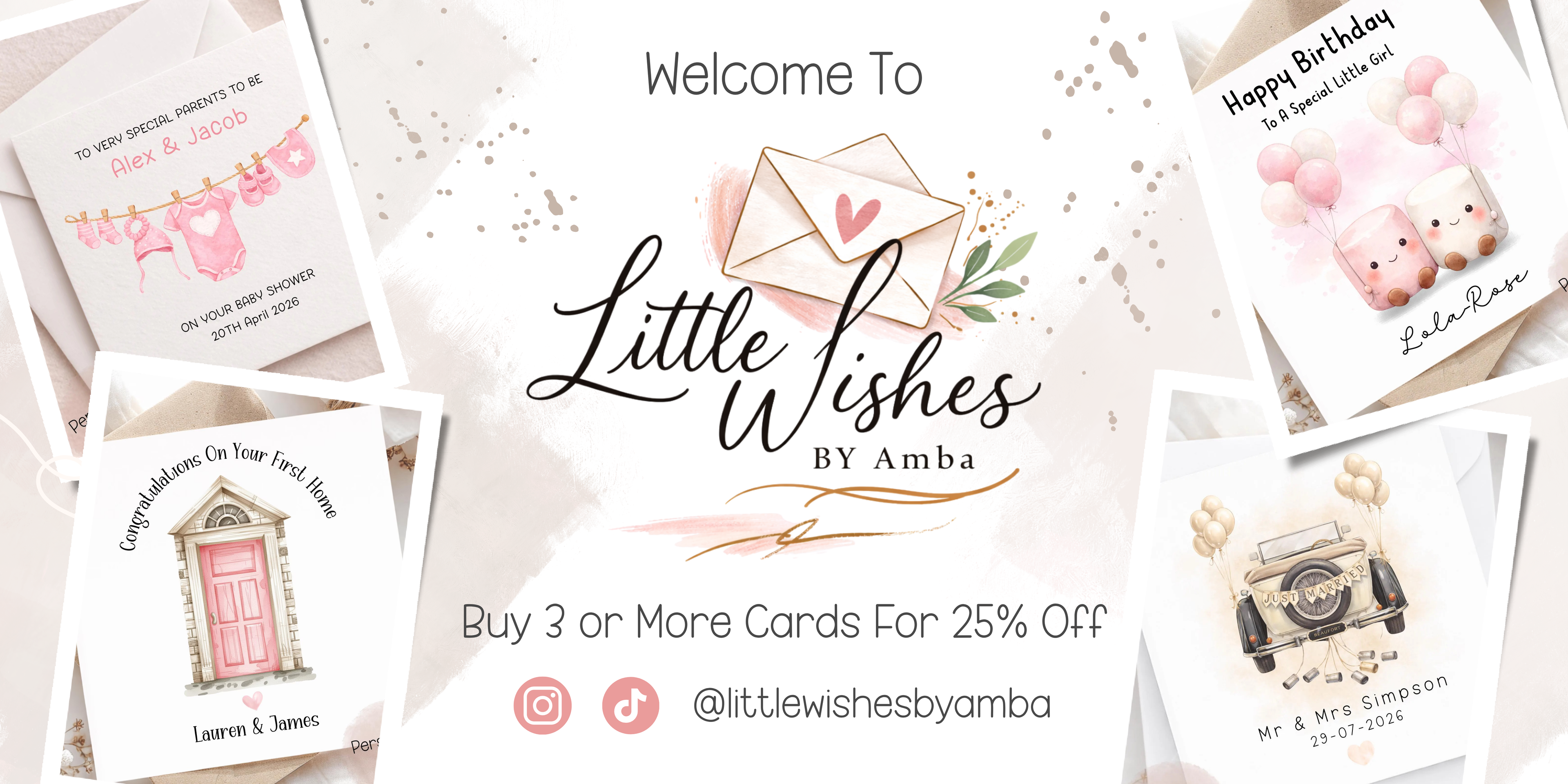 Collection of greeting cards with 'Little Wishes by Amba' branding and promotional text.