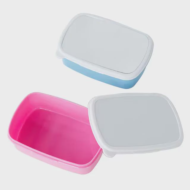Two rectangular plastic storage containers with lids on a light gray background, one in pink and one in light blue, both with white lids.