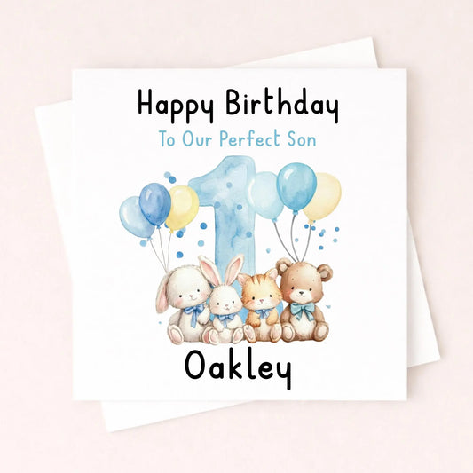 Personalised 1st Birthday Card Grandson – Cute Animal First Birthday Card – Custom Name Baby Boy Card – Grandson 1st Birthday