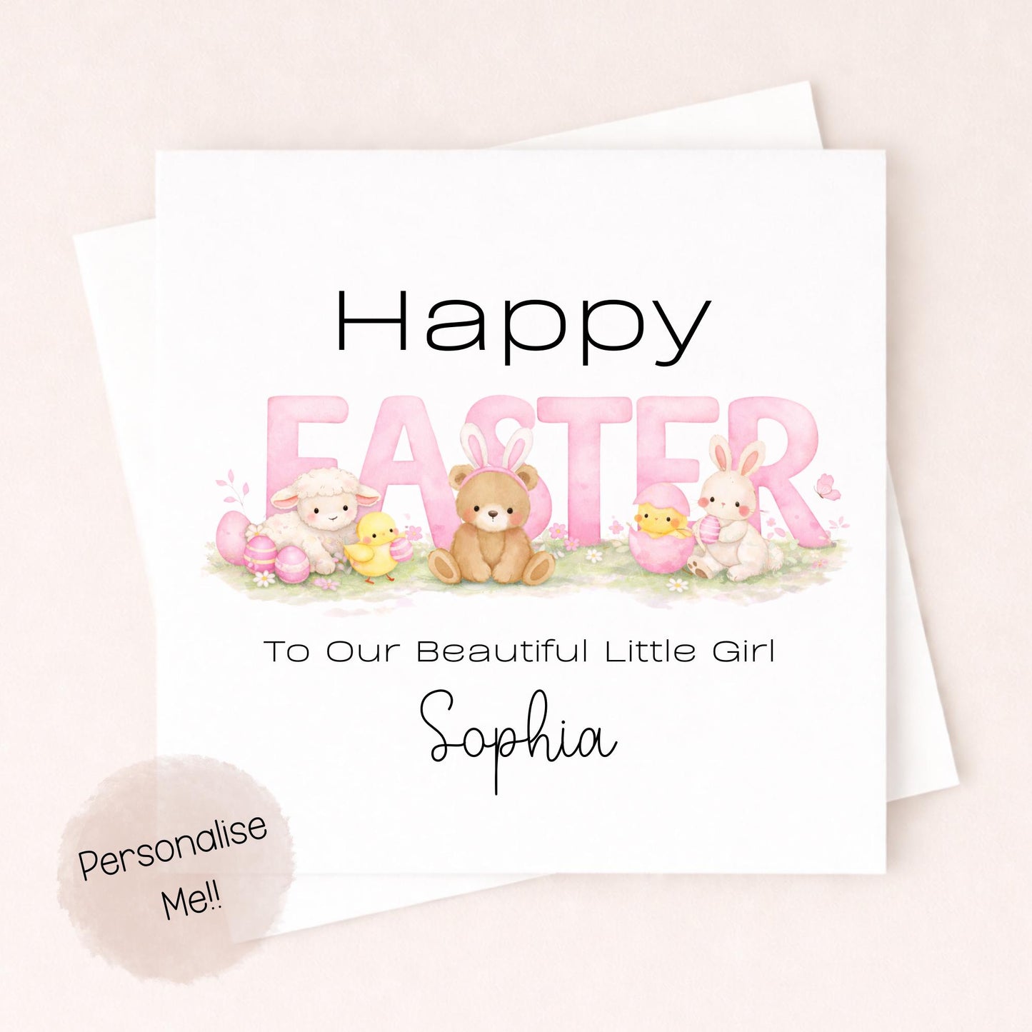 Personalised Easter Card Baby Girl – Cute Easter Bunny Card – Custom Name Kids Easter Card – Little Girl Easter Card