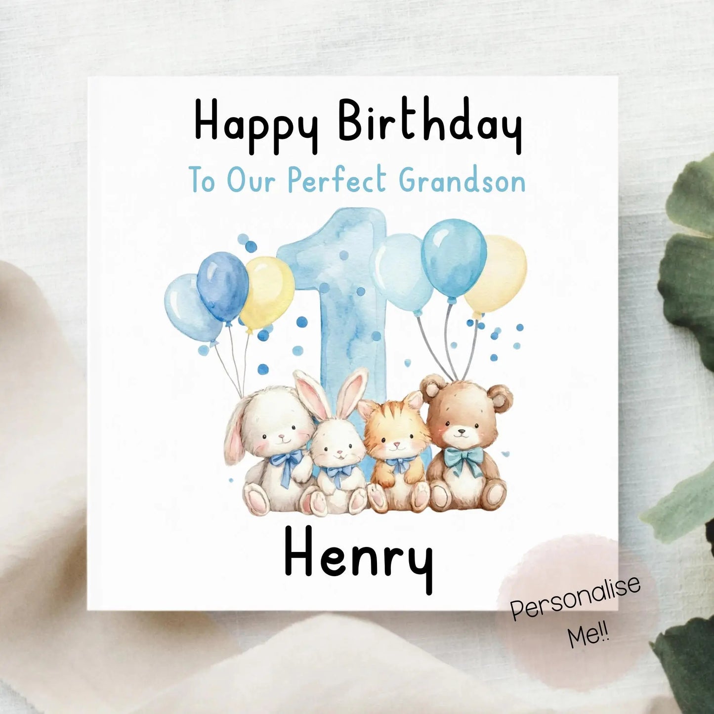 Personalised 1st Birthday Card Grandson – Cute Animal First Birthday Card – Custom Name Baby Boy Card – Grandson 1st Birthday