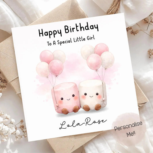 Personalised birthday card for a little girl with pink balloons and cute characters, custom name Lola-Rose