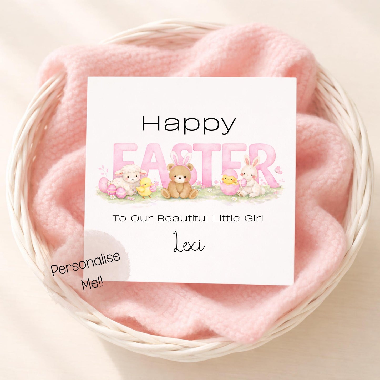 Personalised Easter Card Baby Girl – Cute Easter Bunny Card – Custom Name Kids Easter Card – Little Girl Easter Card