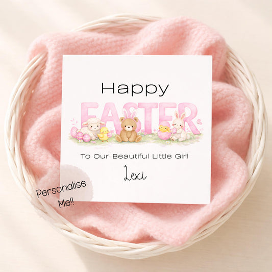 Personalised Easter Card Baby Girl – Cute Easter Bunny Card – Custom Name Kids Easter Card – Little Girl Easter Card