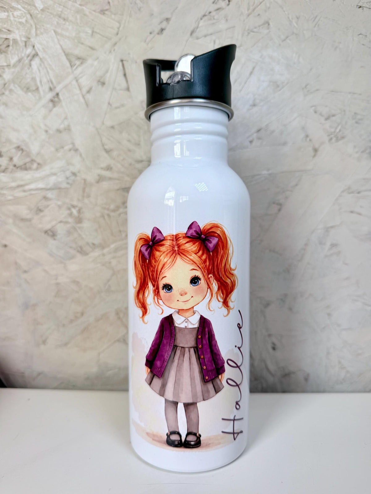 Personalised School Girl Water Bottle, Stainless Steel Bottle with Custom Girl Character/School Uniform Design, Back to School Water Bottle