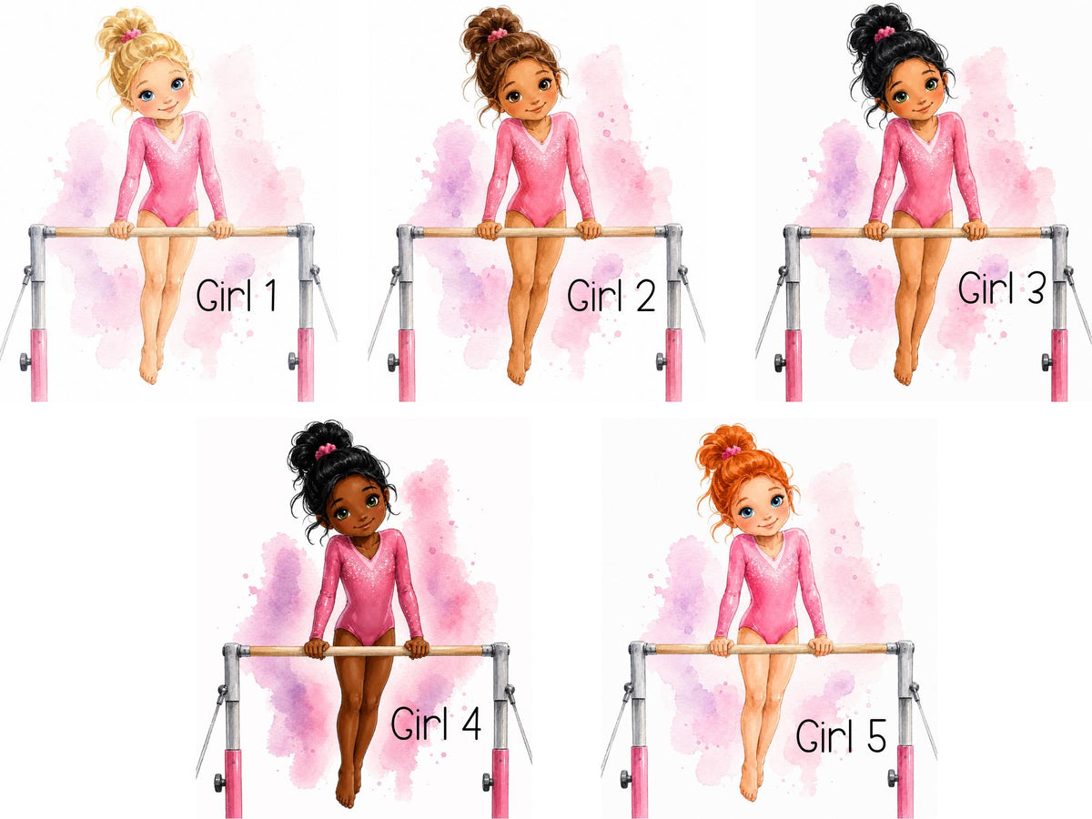 Five watercolor-style illustrations of young gymnasts in pink leotards sitting on parallel bars, each labeled Girl 1 through Girl 5 on a white background with pink watercolor splashes.