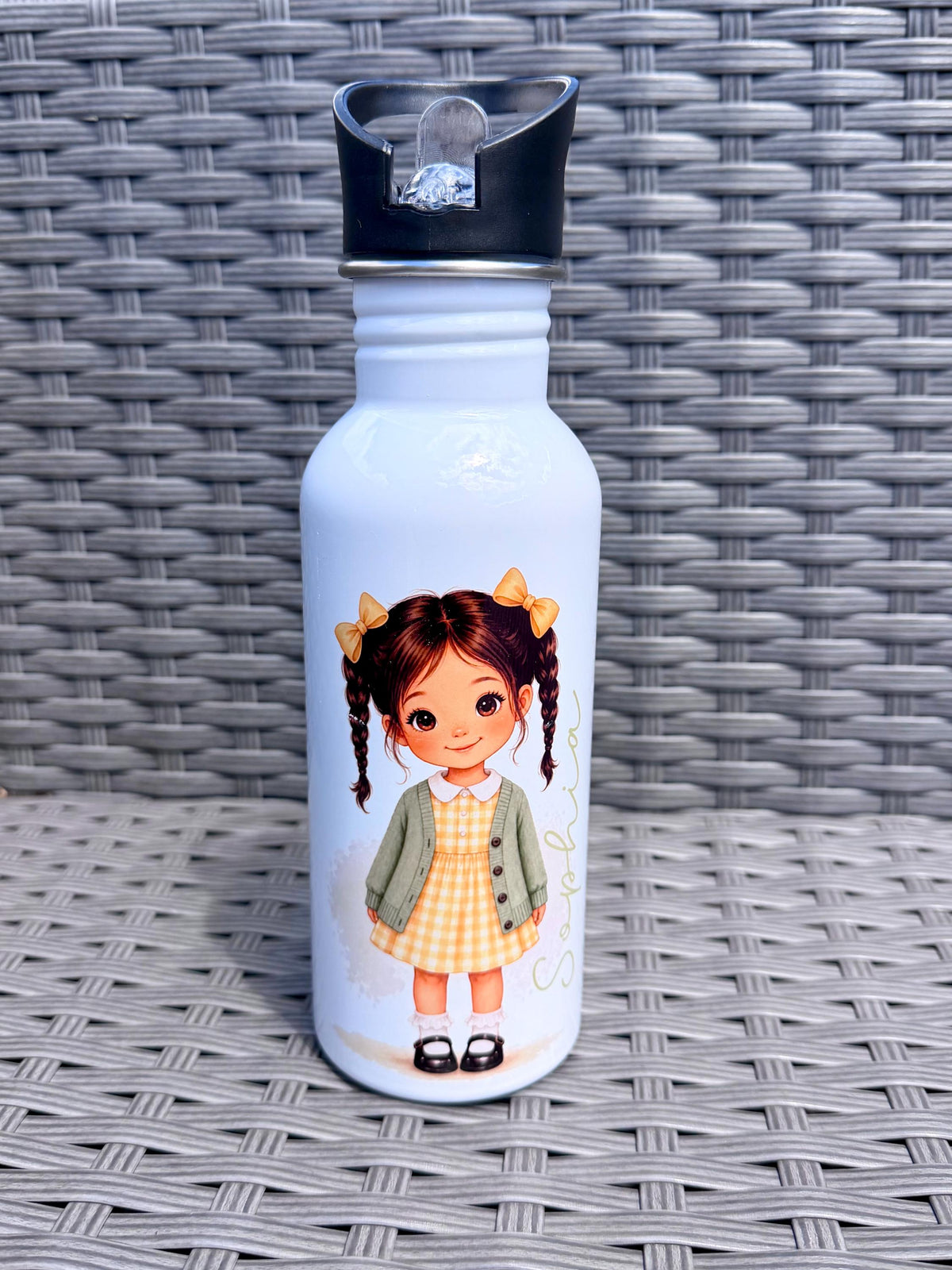 Personalised School Girl Water Bottle, Custom Gingham School Dress with Name, Drink Bottle Girl, Back to School Bottle