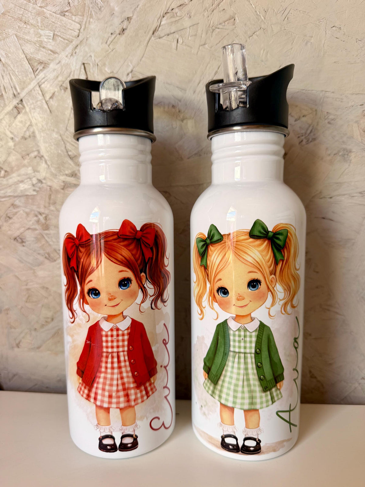 Personalised School Girl Water Bottle, Custom Gingham School Dress with Name, Drink Bottle Girl, Back to School Bottle