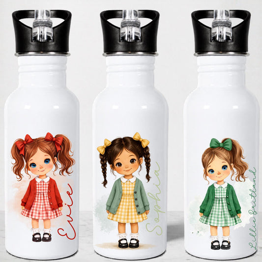 Personalised School Girl Water Bottle, Custom Gingham School Dress with Name, Drink Bottle Girl, Back to School Bottle