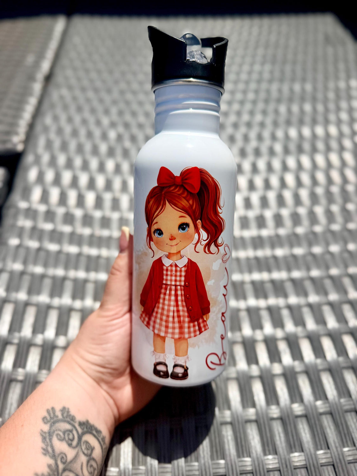 Personalised School Girl Water Bottle, Custom Gingham School Dress with Name, Drink Bottle Girl, Back to School Bottle