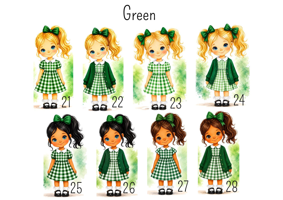 Personalised School Girl Water Bottle, Green Gingham School Dress with Name, Drink Bottle Girl, Back to School Bottle