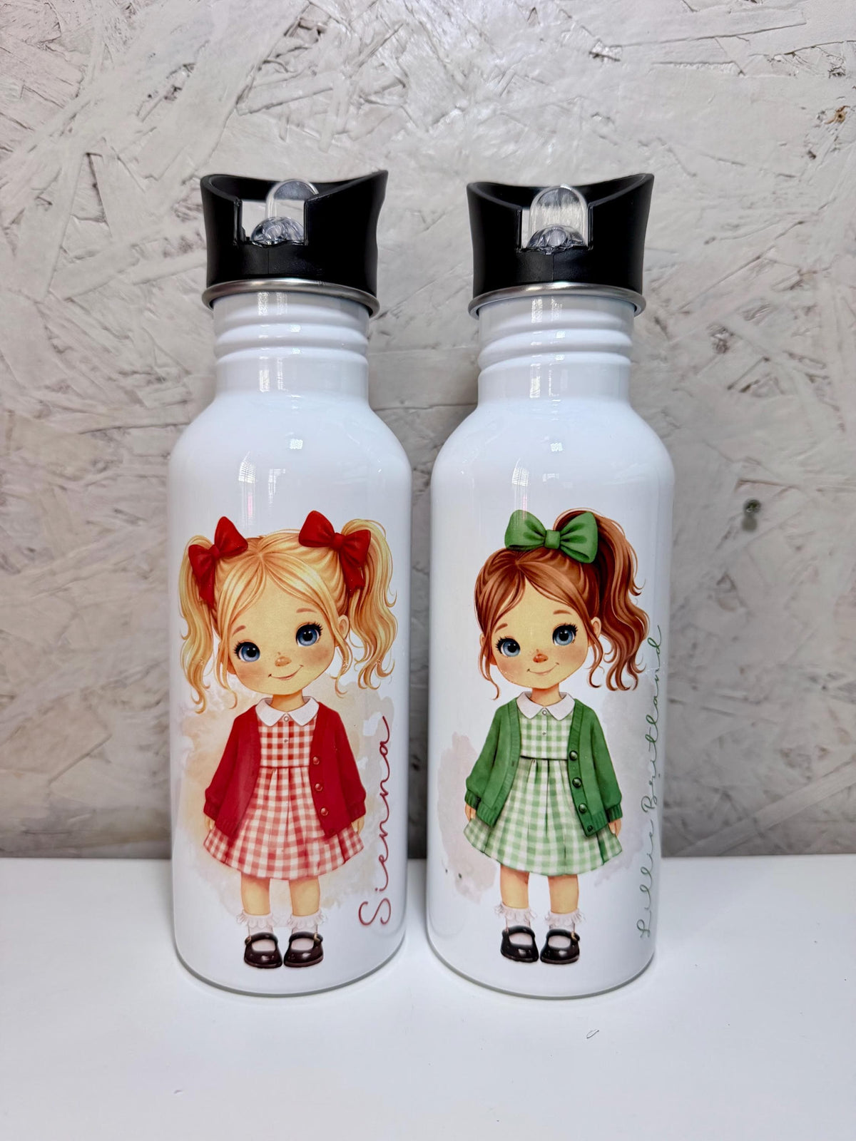Personalised School Girl Water Bottle, Green Gingham School Dress with Name, Drink Bottle Girl, Back to School Bottle