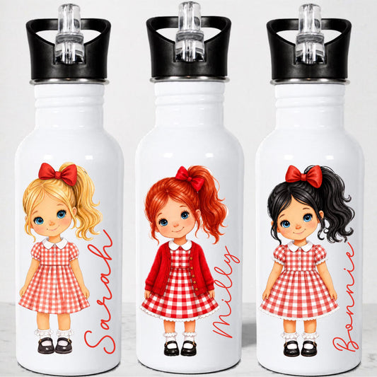 Personalised School Girl Water Bottle, Red Gingham School Dress with Name, Drink Bottle Girl, Back to School Bottle Little Wishes By Amba