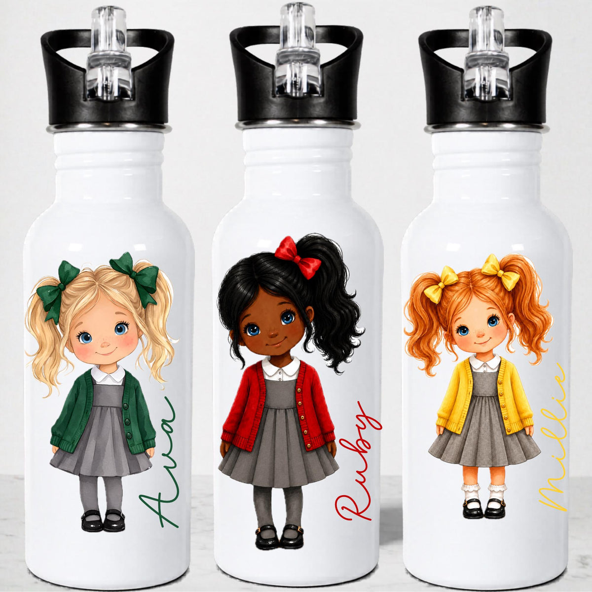 Personalised School Girl Water Bottle, Stainless Steel Bottle with Custom Girl Character/School Uniform Design, Back to School Water Bottle