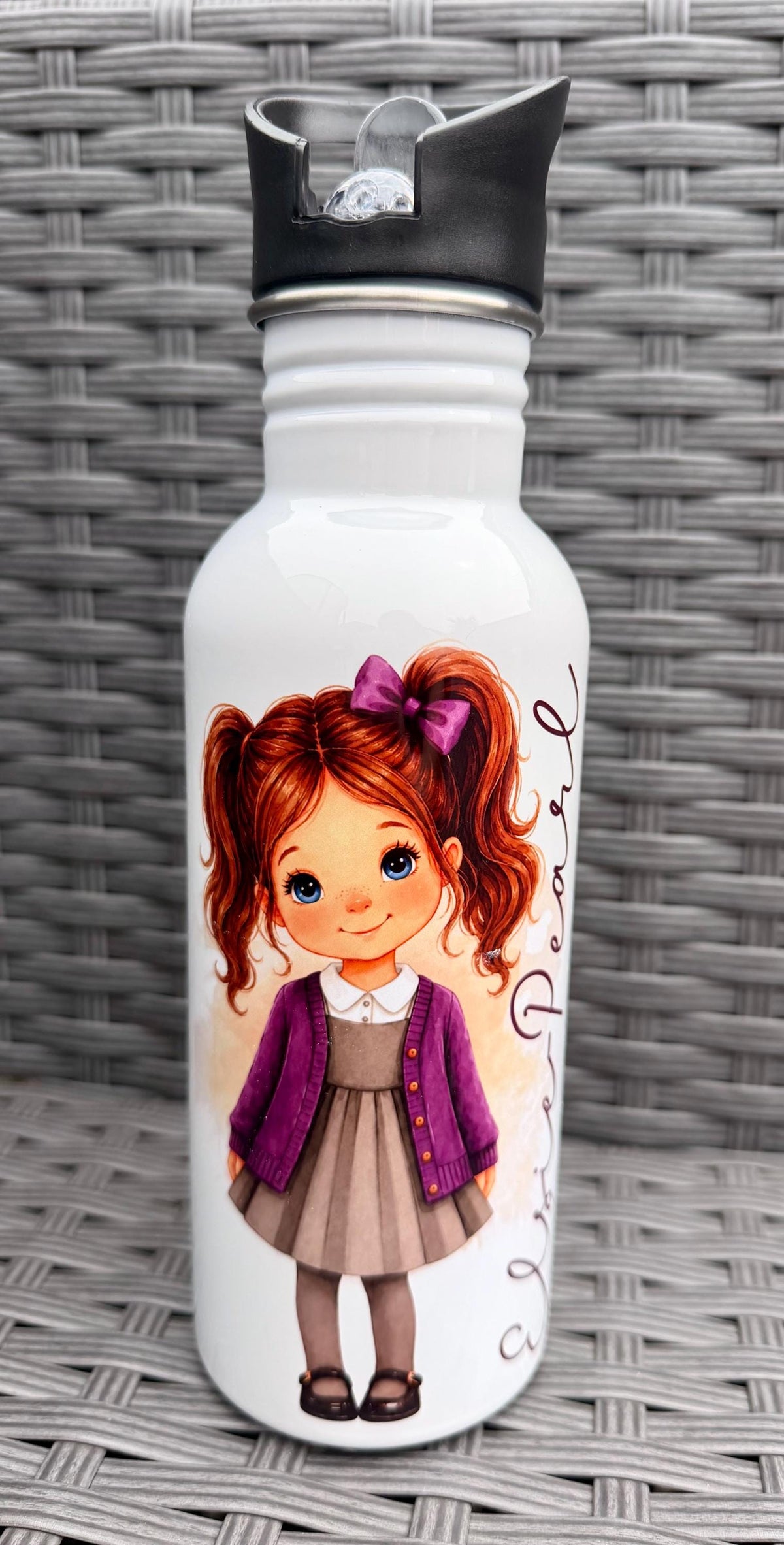 Personalised School Girl Water Bottle, Stainless Steel Bottle with Custom Girl Character/School Uniform Design, Back to School Water Bottle