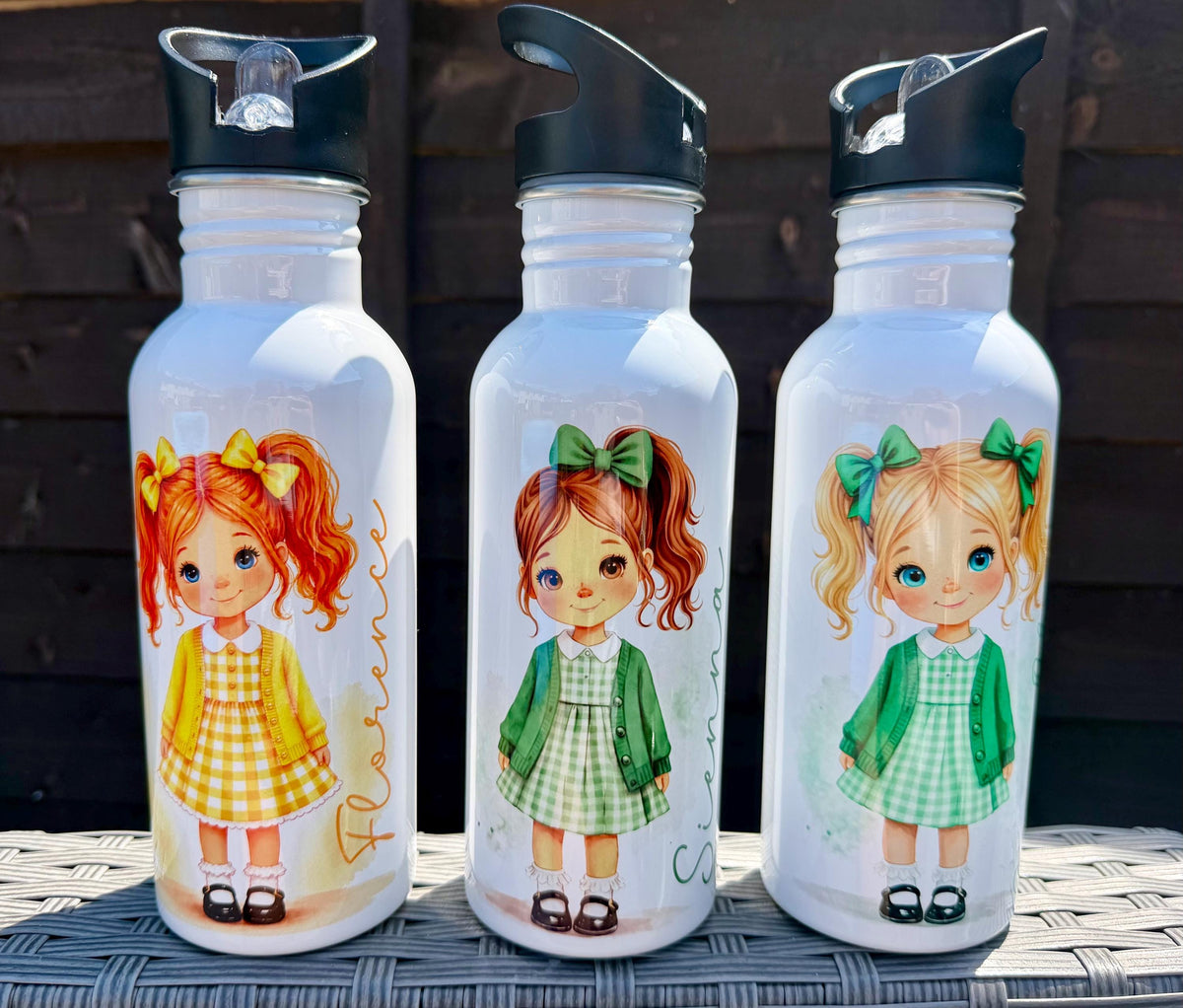 Personalised School Girl Water Bottle, Custom Gingham School Dress with Name, Drink Bottle Girl, Back to School Bottle