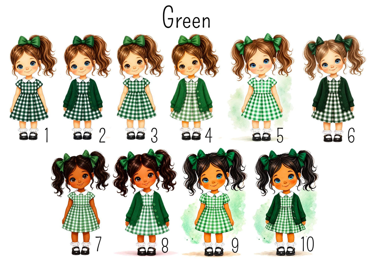 Personalised School Girl Water Bottle, Green Gingham School Dress with Name, Drink Bottle Girl, Back to School Bottle