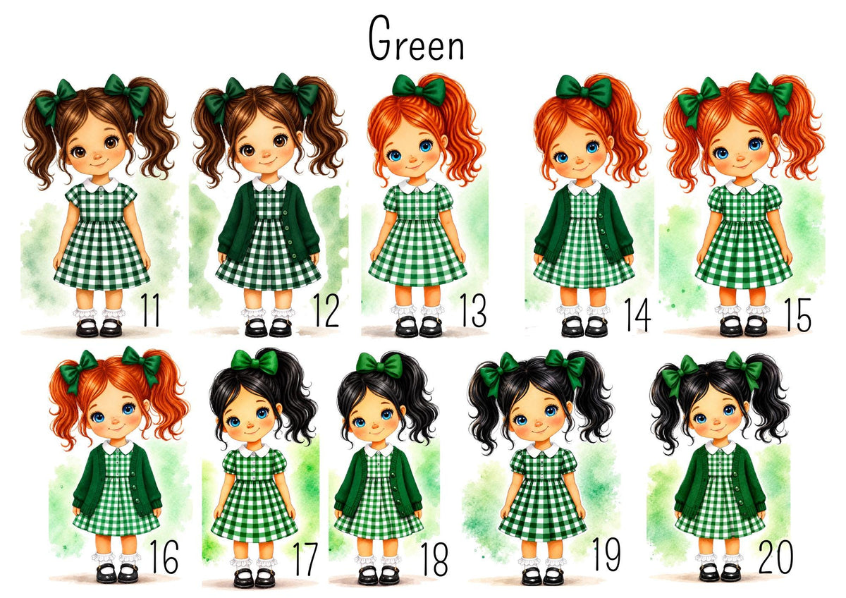 Personalised School Girl Water Bottle, Green Gingham School Dress with Name, Drink Bottle Girl, Back to School Bottle