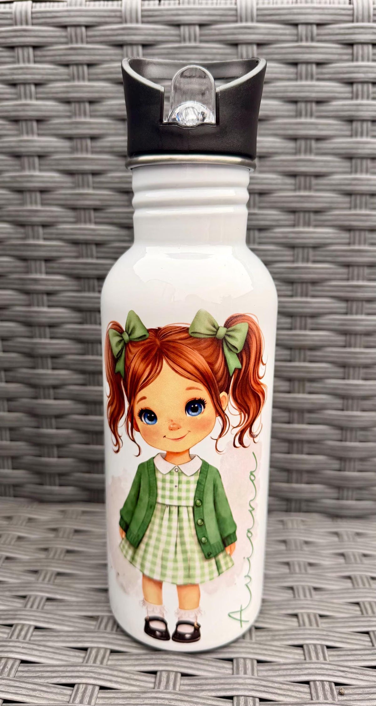 Personalised School Girl Water Bottle, Green Gingham School Dress with Name, Drink Bottle Girl, Back to School Bottle