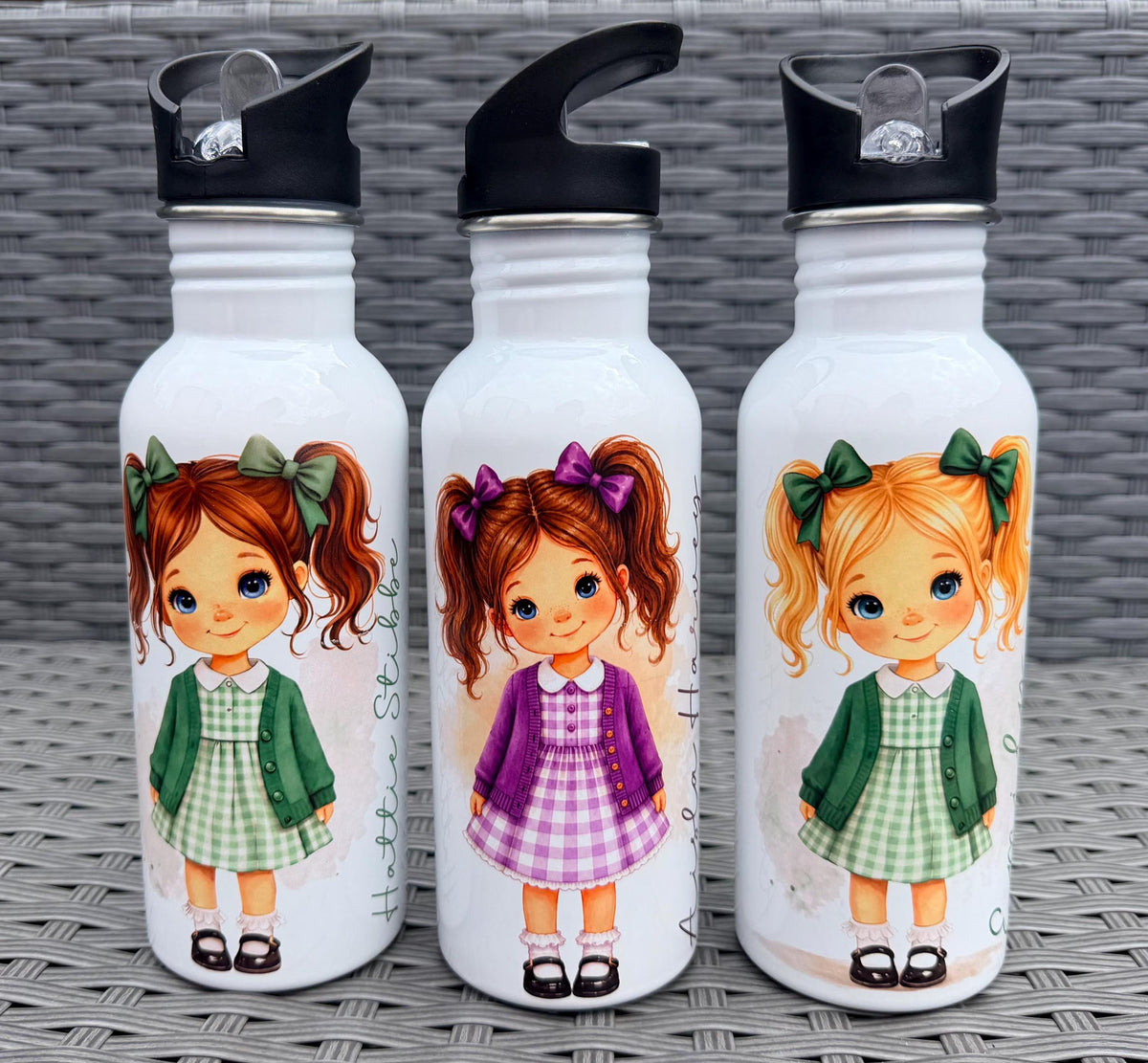 Personalised School Girl Water Bottle, Green Gingham School Dress with Name, Drink Bottle Girl, Back to School Bottle