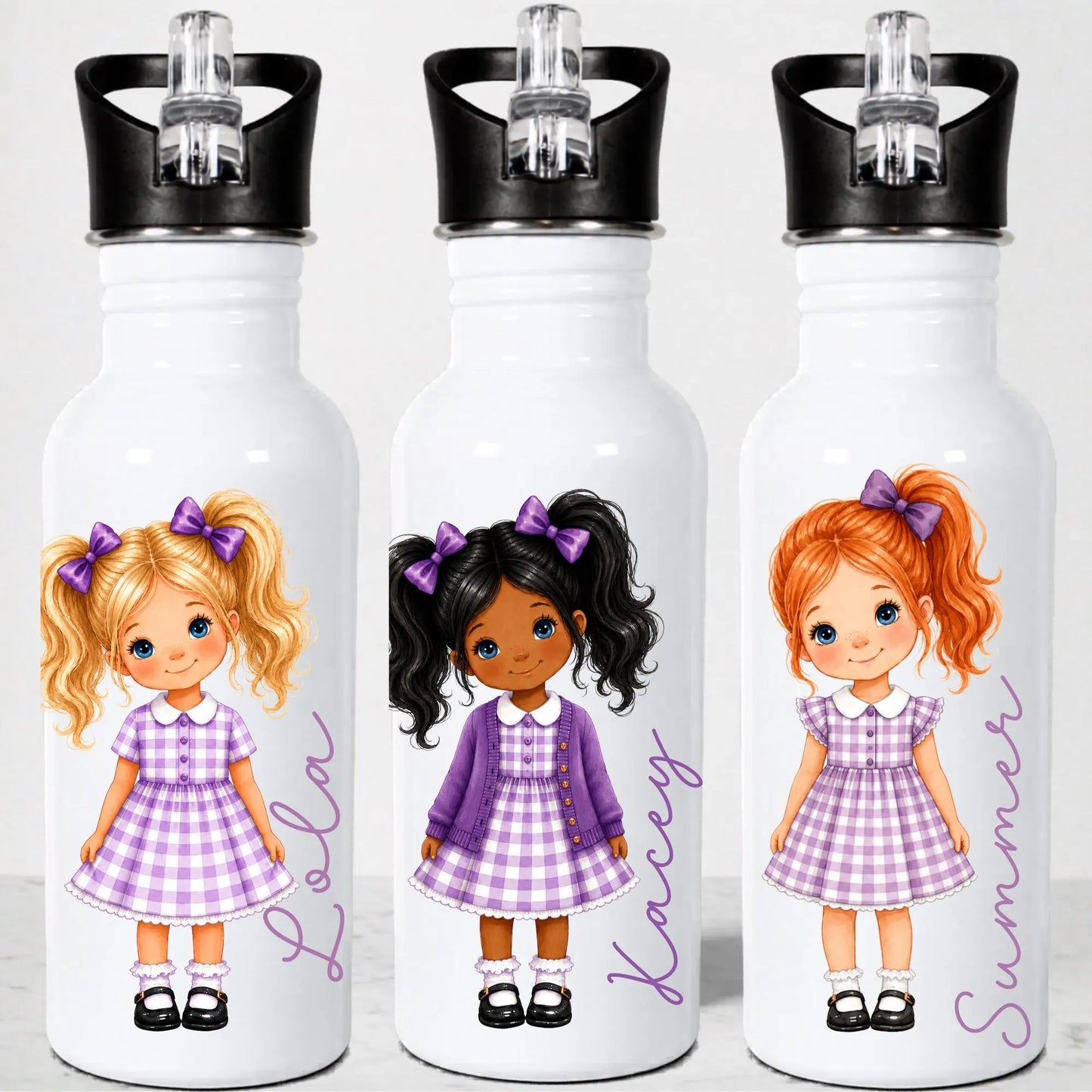 Personalised School Girl Water Bottle, Purple Gingham School Dress with Name, Drink Bottle Girl, Back to School Bottle