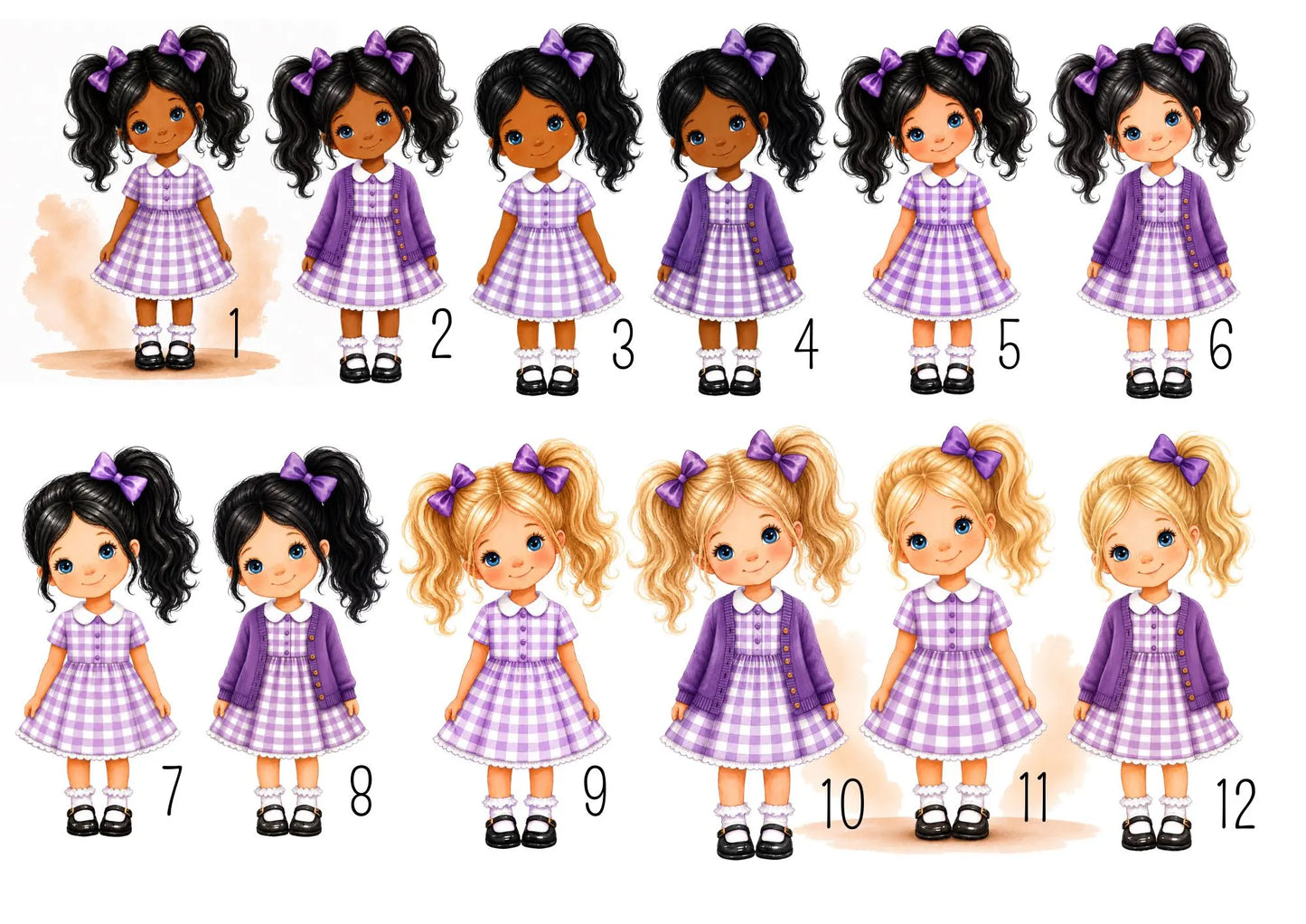 Personalised School Girl Water Bottle, Purple Gingham School Dress with Name, Drink Bottle Girl, Back to School Bottle