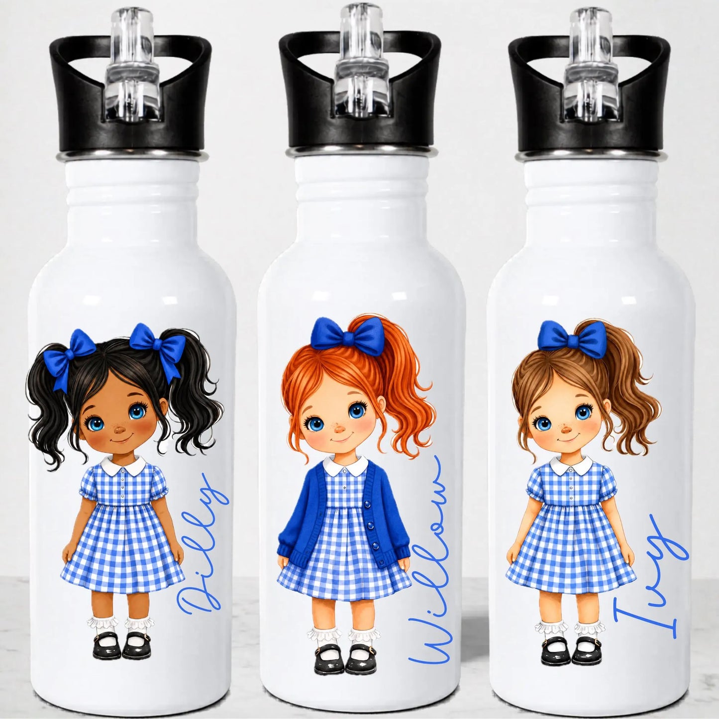 Personalised School Girl Water Bottle, Blue Gingham School Dress with Name, Drink Bottle Girl, Back to School Bottle