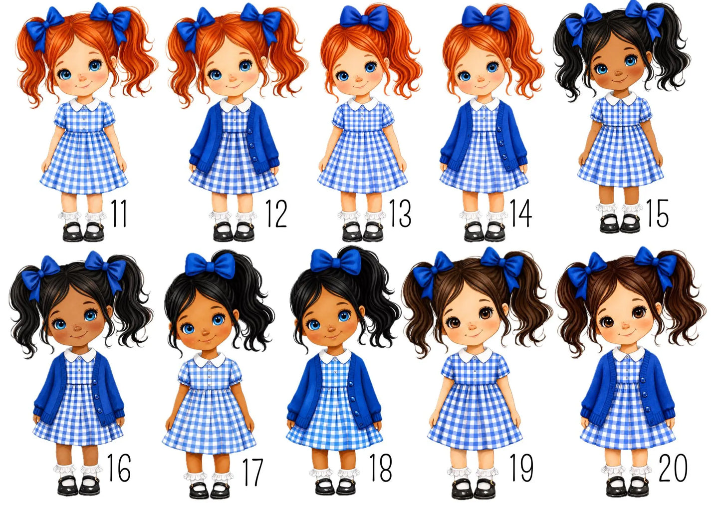 Personalised School Girl Water Bottle, Blue Gingham School Dress with Name, Drink Bottle Girl, Back to School Bottle