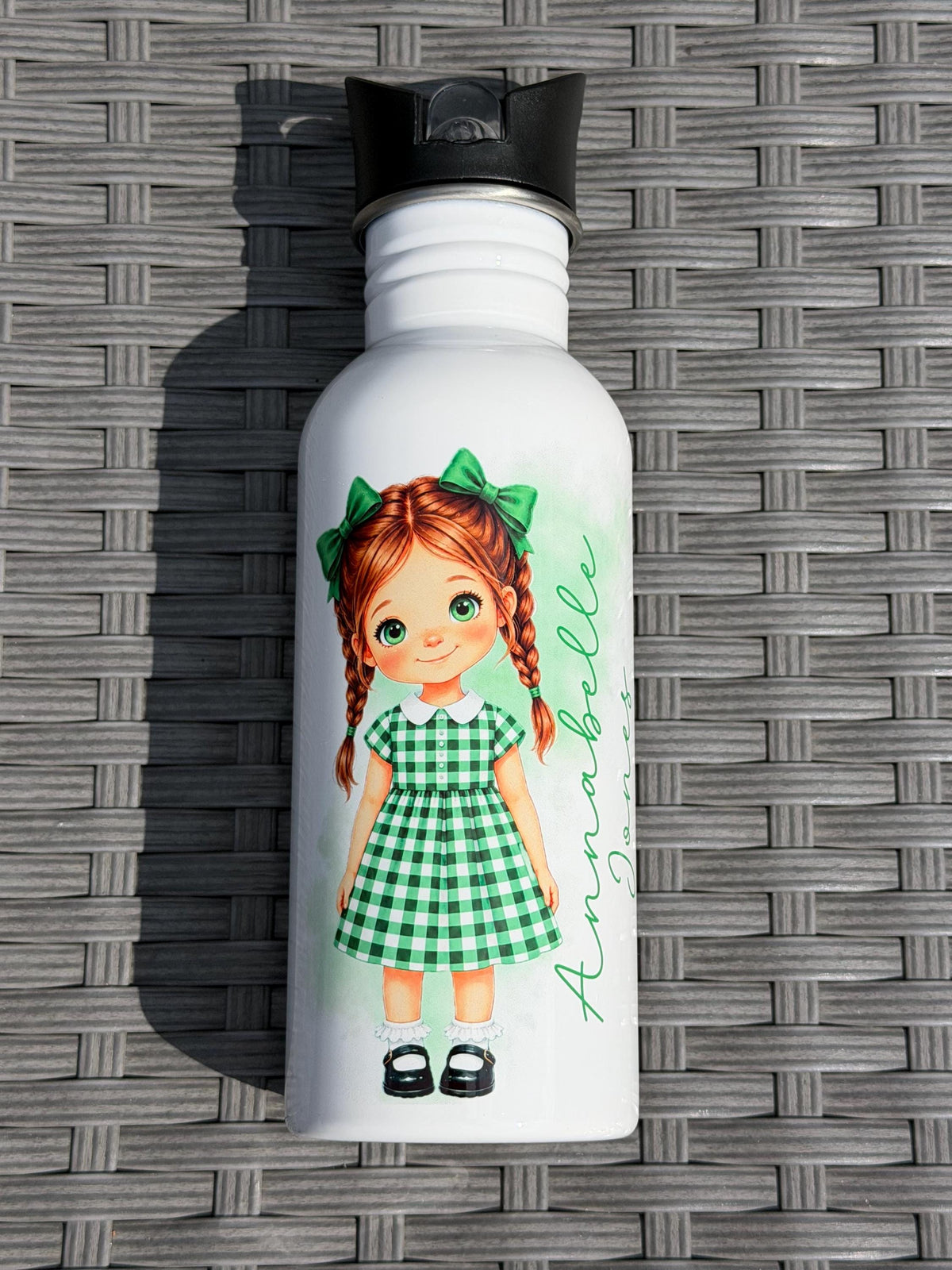 Personalised School Girl Water Bottle, Green Gingham School Dress with Name, Drink Bottle Girl, Back to School Bottle