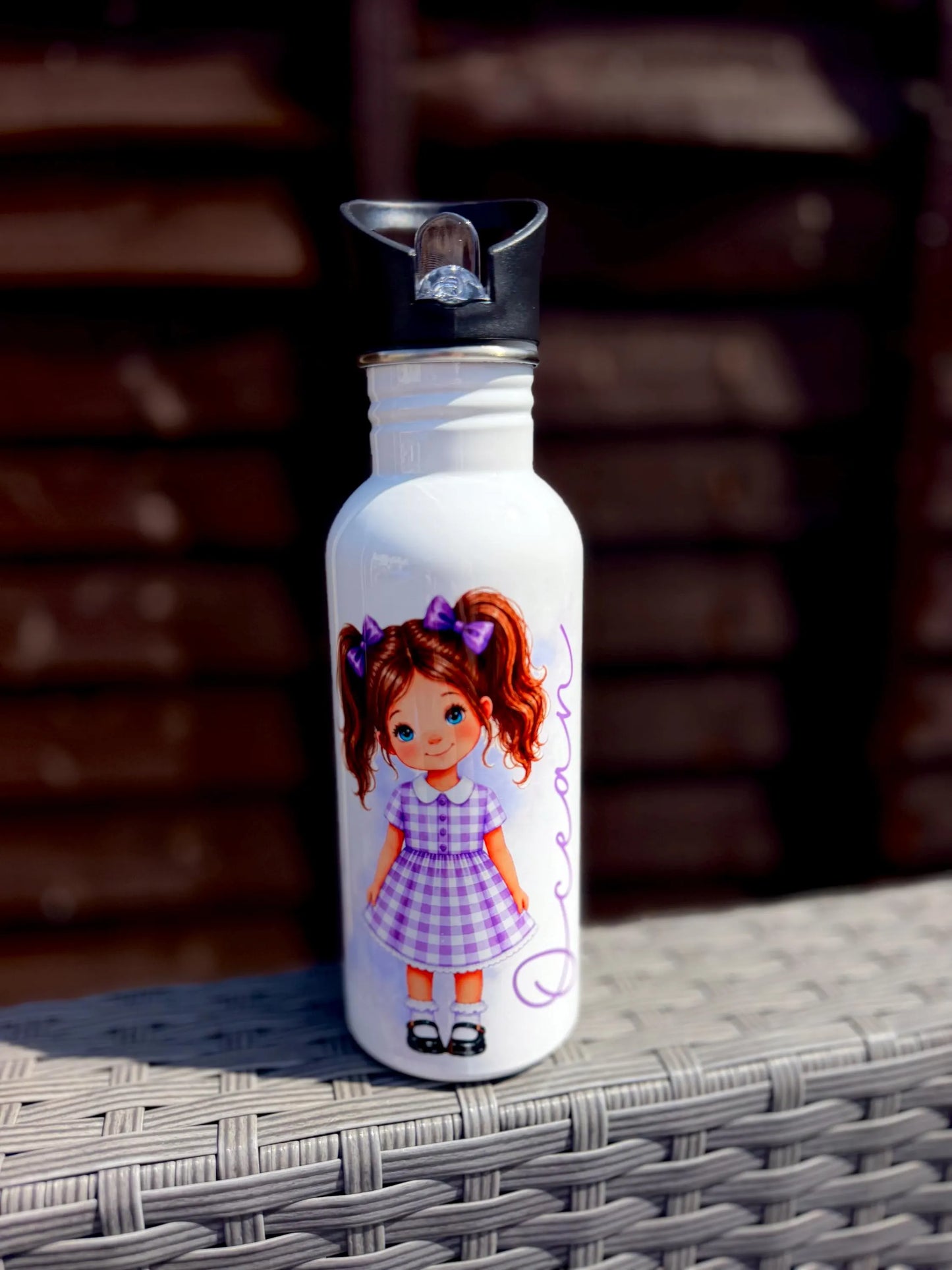Personalised School Girl Water Bottle, Purple Gingham School Dress with Name, Drink Bottle Girl, Back to School Bottle
