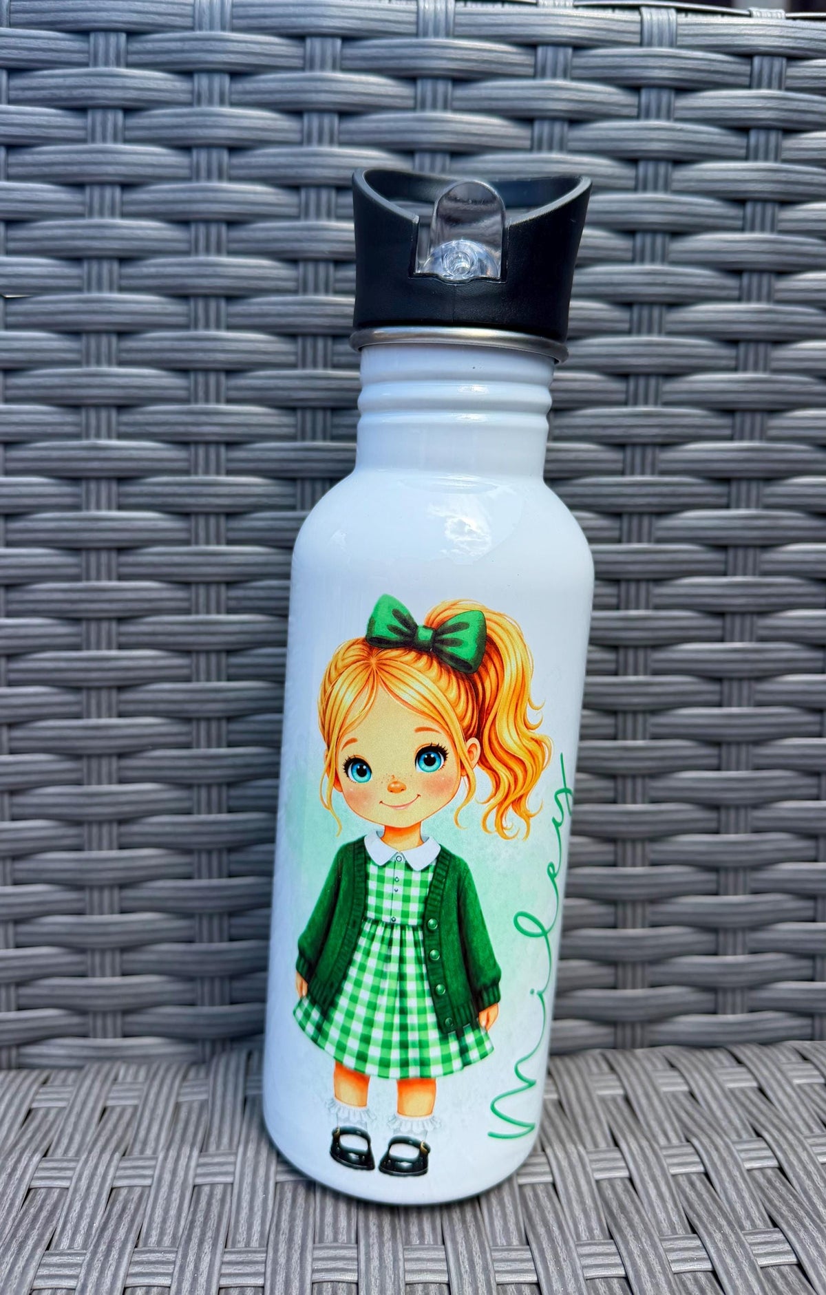 Personalised School Girl Water Bottle, Green Gingham School Dress with Name, Drink Bottle Girl, Back to School Bottle