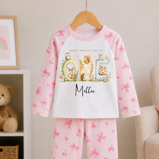 Personalised First Birthday Set, Woodland Animal Girls Set, When I Wake Up I Will Be One, Any Age Custom Name Toddler Birthday Set