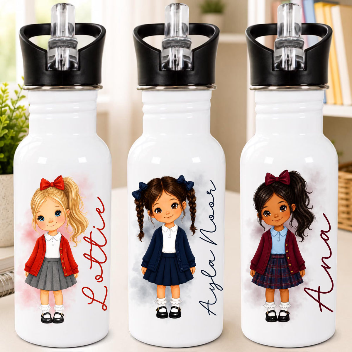 Three white insulated water bottles with black lids are shown side by side on a tabletop. Each bottle has a different cartoon girl illustration and a personalized name printed vertically: 'Lotte', 'Ayla Nee', and 'Ana'.