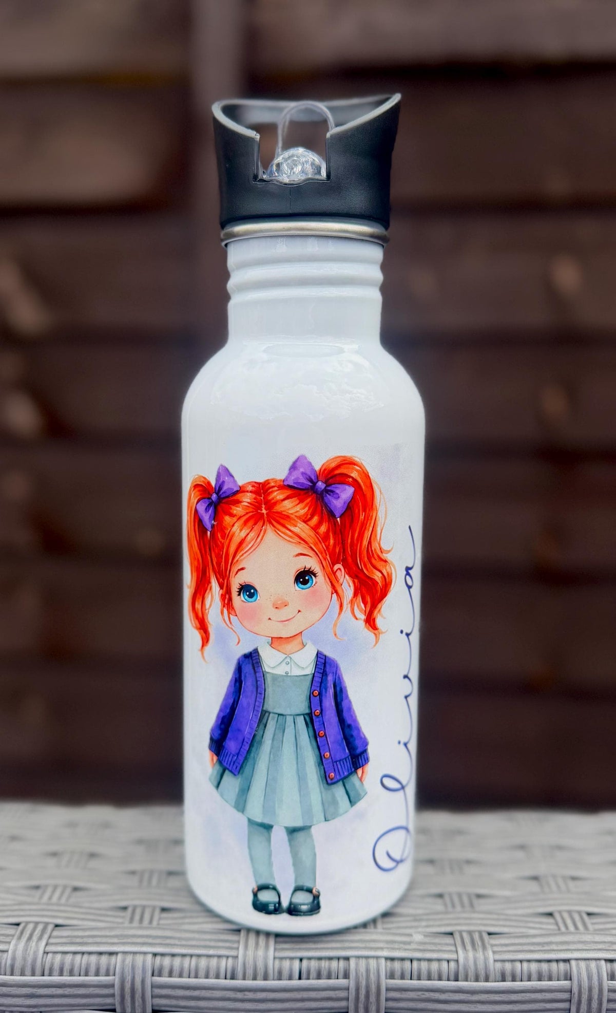 Personalised School Girl Water Bottle, Stainless Steel Bottle with Custom Girl Character/School Uniform Design, Back to School Water Bottle