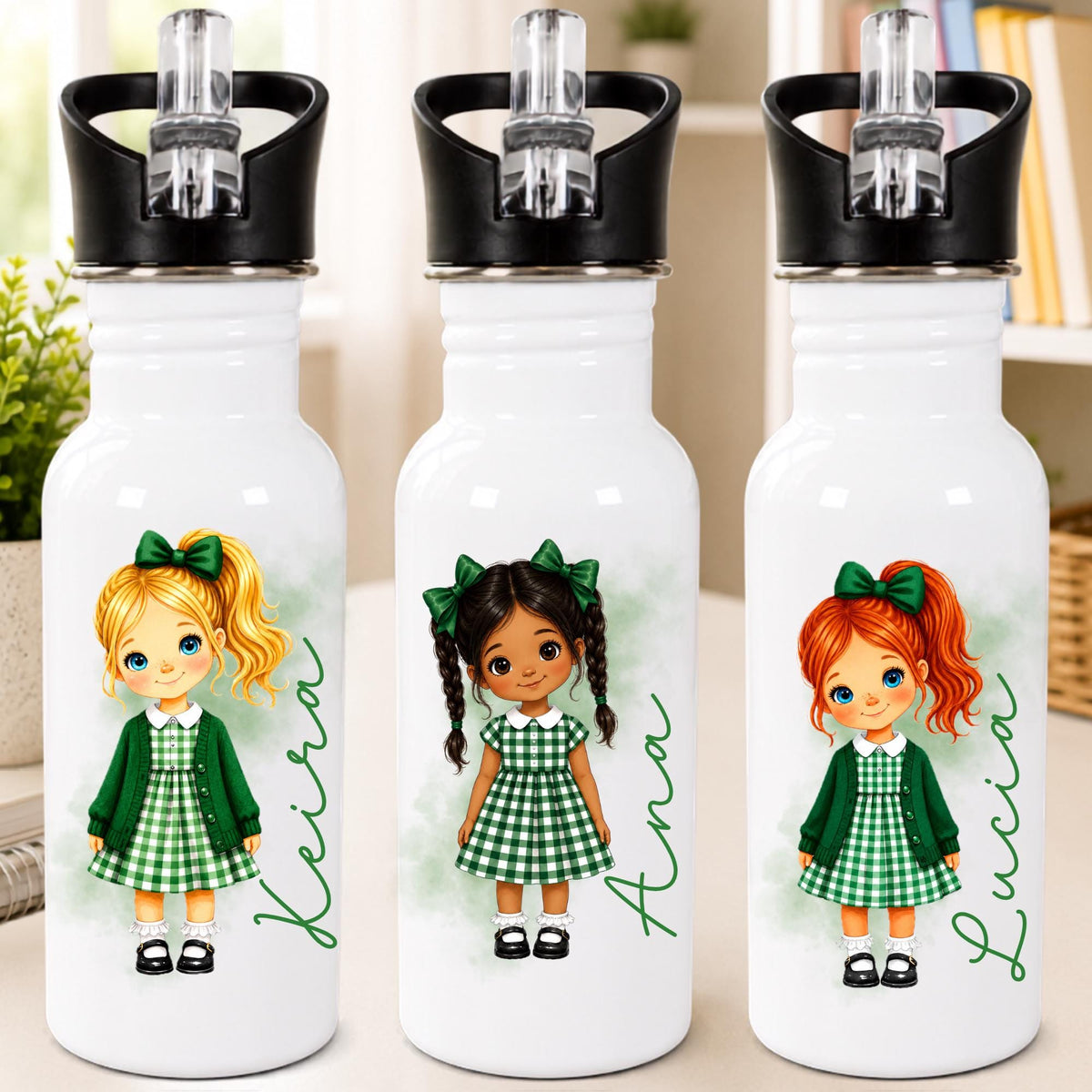 Personalised School Girl Water Bottle, Green Gingham School Dress with Name, Drink Bottle Girl, Back to School Bottle