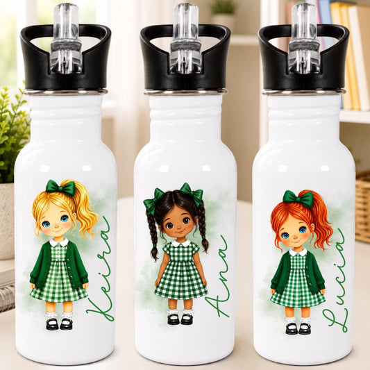 Personalised School Girl Water Bottle, Green Gingham School Dress with Name, Drink Bottle Girl, Back to School Bottle