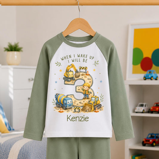 Personalised Construction Birthday Set, Digger Birthday Outfit, When I Wake Up Set, Custom Name Any Age Toddler Gift