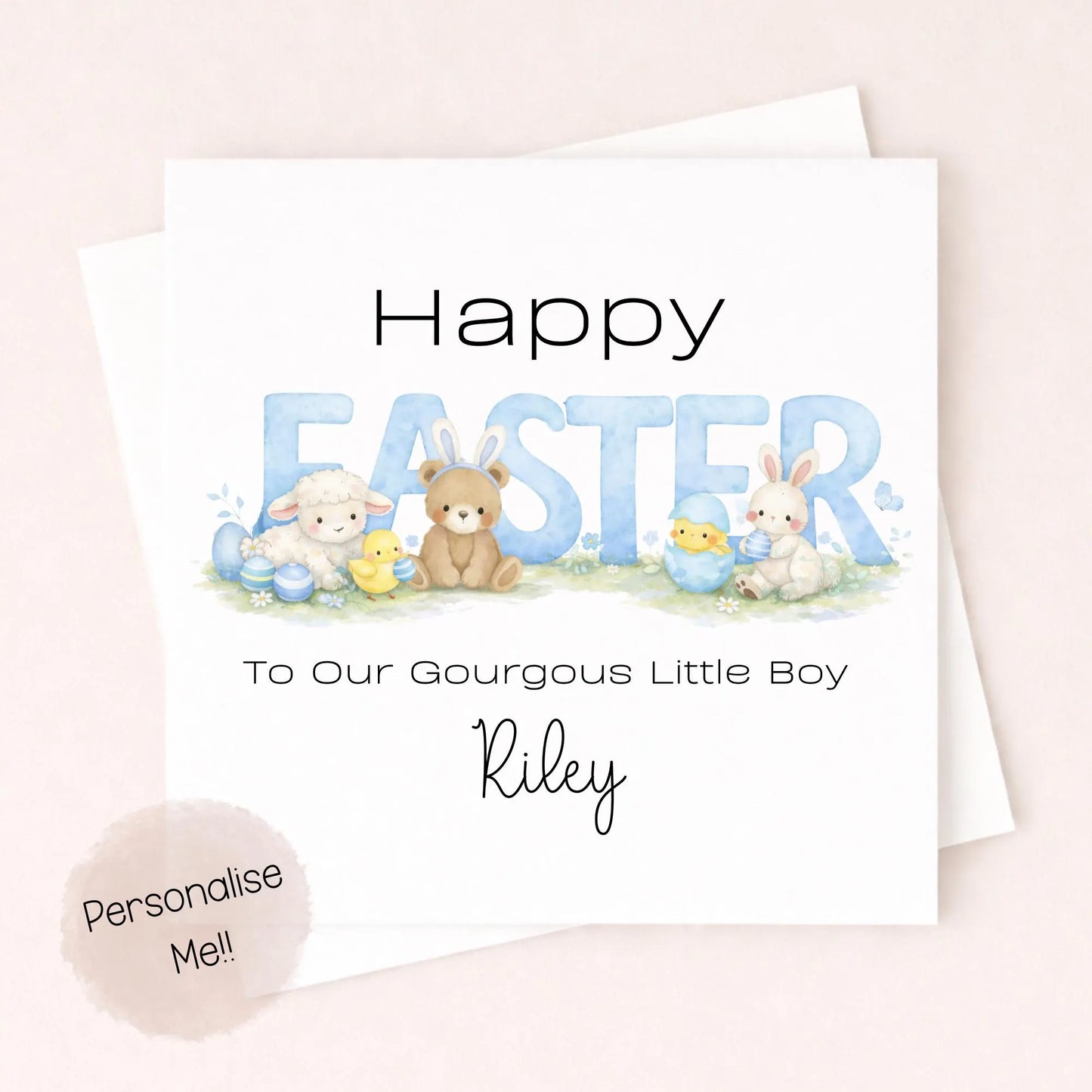 Personalised Easter Card Baby Boy – Cute Easter Bunny Card – Custom Name Kids Easter Card – Little Boy Easter Card