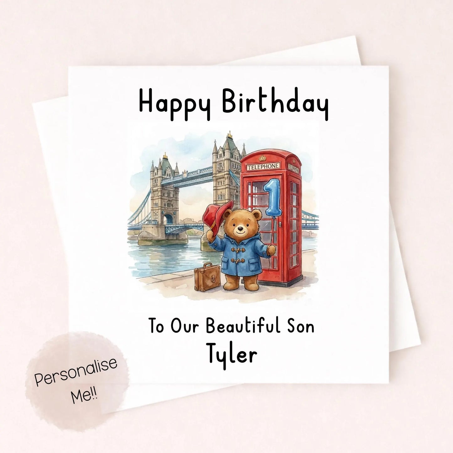 Personalised 1st Birthday Card Son – Cute Bear Birthday Card – Blue Balloon London Boy Birthday Card – Custom Name 1st Birthday