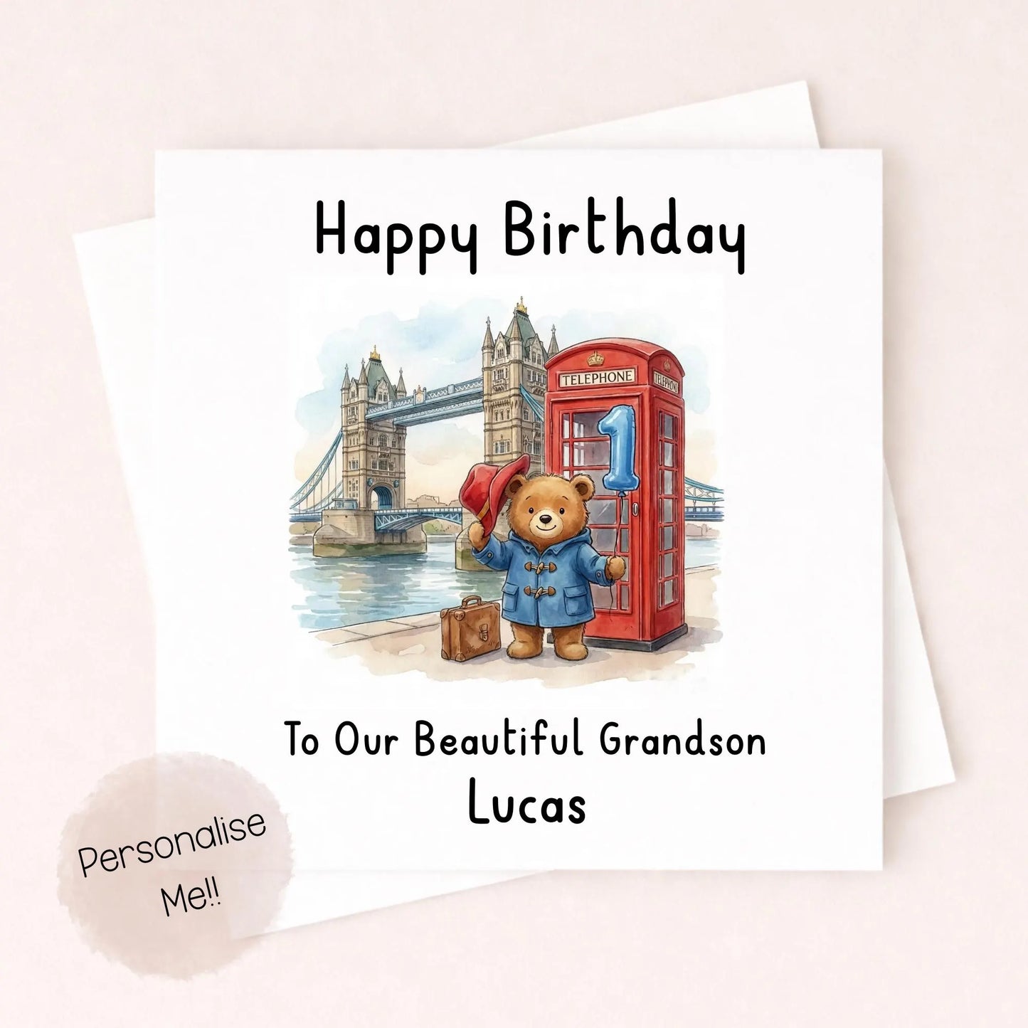 Personalised 1st Birthday Card Son – Cute Bear Birthday Card – Blue Balloon London Boy Birthday Card – Custom Name 1st Birthday